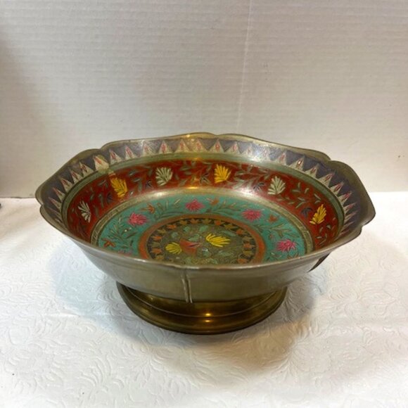 VTG Solid Hand Crafted Solid Brass Enameled Bowl Colorful Floral Design 9.25" - Picture 1 of 10